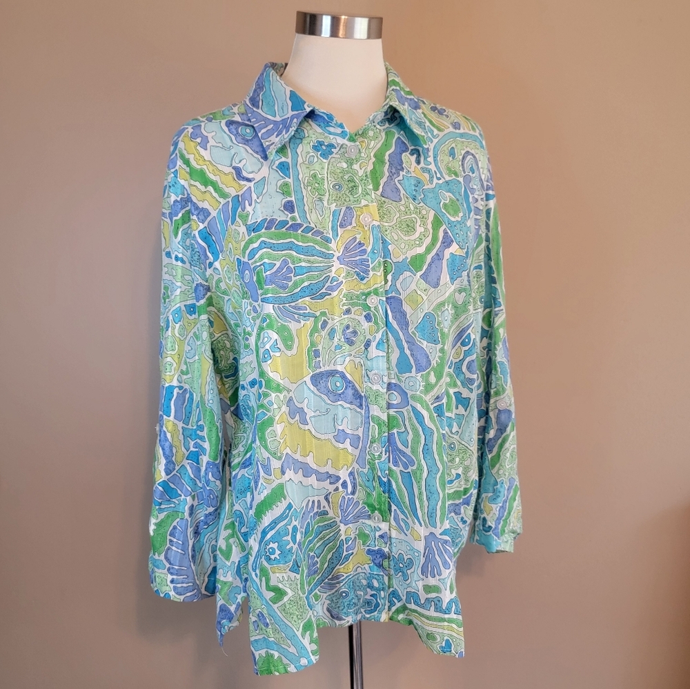 Alfred Dunner Blouse‎ 16 Fish Paisley Beach Coastal Resort Button Up Blue Green